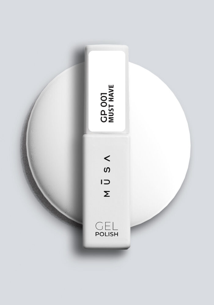 Musa Nails Gel Polish GP001 – силно пигментиран бял полуперманентен гел лак с кремообразна текстура, равномерно покритие от първи слой и дълготрайна издръжливост до 4 седмици, подходящ за професионален маникюр и nail art.