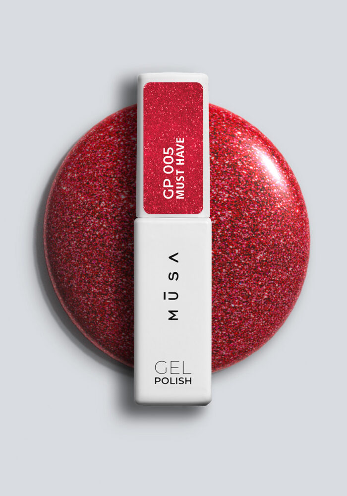 Червен гел лак Musa Nails GP004 с наситен бляскав цвят и силно пигментирано покритие за професионален маникюр с дълготраен ефект.